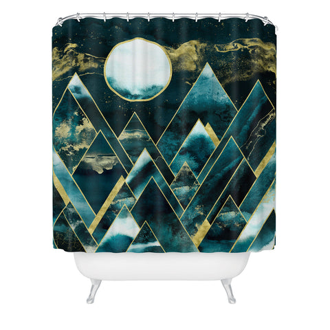 Nature Magick Gold Teal Geometric Mountains Shower Curtain
