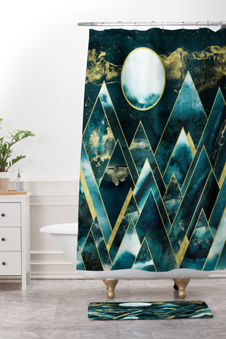 Nature Magick Gold Teal Geometric Mountains Shower Curtain And Mat