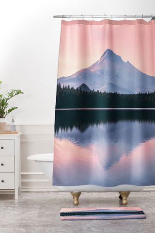 Nature Magick Mount Hood Pink Sunrise Lake Shower Curtain And Mat