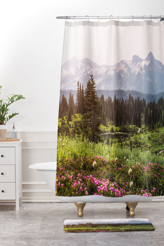 Nature Magick Pink Mountain Wildflowers Shower Curtain And Mat