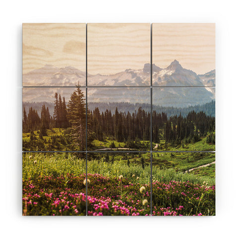 Nature Magick Pink Mountain Wildflowers Wood Wall Mural