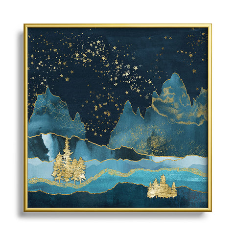 Nature Magick Teal and Gold Mountain Stars Metal Square Framed Art Print