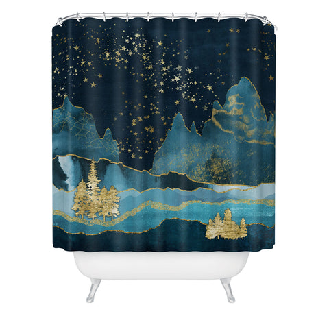 Nature Magick Teal and Gold Mountain Stars Shower Curtain