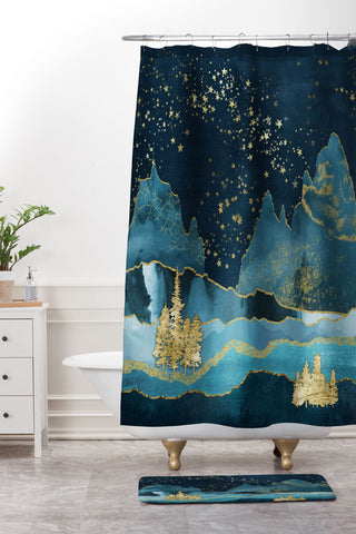 Nature Magick Teal and Gold Mountain Stars Shower Curtain And Mat