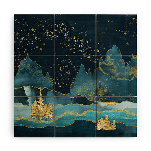 Nature Magick Teal and Gold Mountain Stars Wood Wall Mural