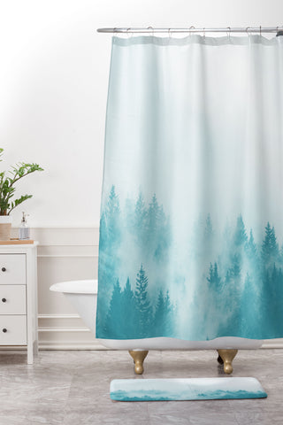 Nature Magick Teal Foggy Forest Adventure Shower Curtain And Mat