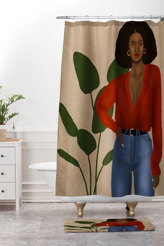 nawaalillustrations girl in red Shower Curtain And Mat