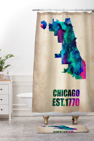 Naxart Chicago Watercolor Map Shower Curtain And Mat