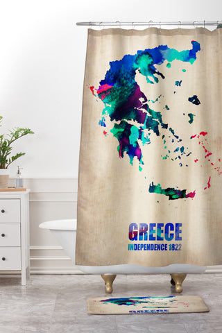 Naxart Greece Watercolor Poster Shower Curtain And Mat