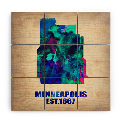 Naxart Minneapolis Watercolor Map Wood Wall Mural