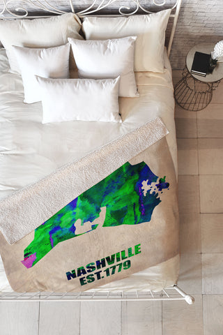 Naxart Nashville Watercolor Map Fleece Throw Blanket