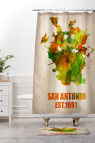 Naxart San Antonio Watercolor Map Shower Curtain And Mat