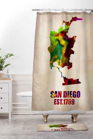 Naxart San Diego Watercolor Map Shower Curtain And Mat
