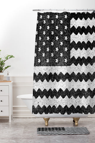 Nick Nelson Black and White Zig Zag Flag Shower Curtain And Mat
