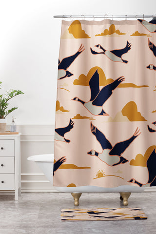 Nika GEESE FLIGHT TOGETHER Shower Curtain And Mat