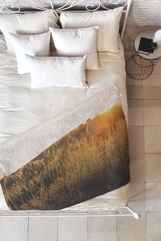 Ninasclicks Golden Beach vegetation at sunset Fleece Throw Blanket