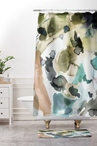 Ninola Design Abstract Painting Gold Blue Shower Curtain And Mat