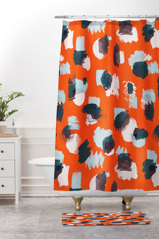 Ninola Design Abstract stains painting red Shower Curtain And Mat