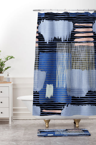 Ninola Design Abstract striped geo blue Shower Curtain And Mat
