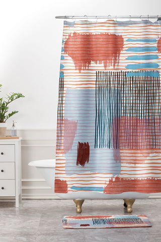 Ninola Design Abstract striped geo red Shower Curtain And Mat