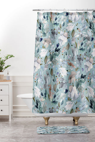 Ninola Design Abstract texture floral Blue Shower Curtain And Mat