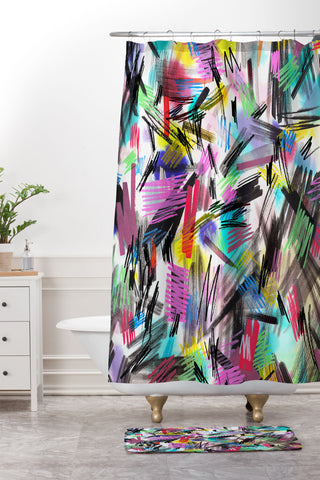 Ninola Design Abstract Wild strokes Primary Colors Shower Curtain And Mat