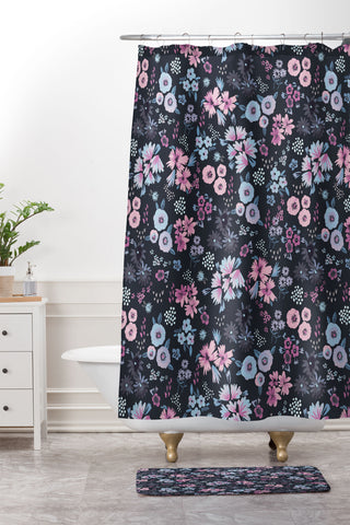 Ninola Design Artful little flowers Navy Shower Curtain And Mat