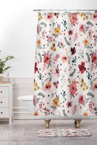 Ninola Design Autumn floral Red holiday Shower Curtain And Mat