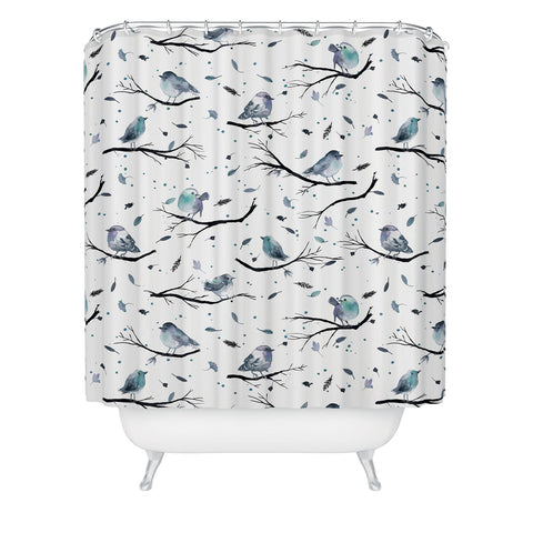 Ninola Design Birds Tree Branches Blue Shower Curtain