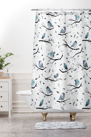 Ninola Design Birds Tree Branches Blue Shower Curtain And Mat