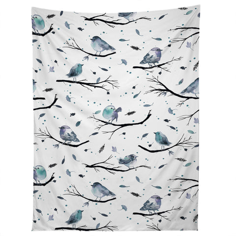 Ninola Design Birds Tree Branches Blue Tapestry