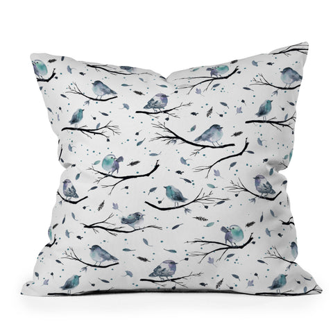 Ninola Design Birds Tree Branches Blue Throw Pillow
