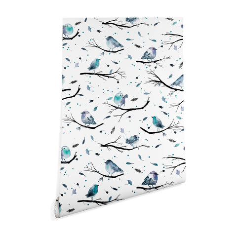 Ninola Design Birds Tree Branches Blue Wallpaper