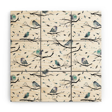 Ninola Design Birds Tree Branches Blue Wood Wall Mural