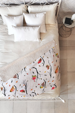 Ninola Design Birds Tree Branches Red Fleece Throw Blanket