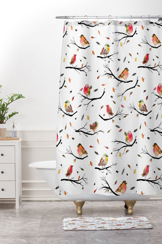 Ninola Design Birds Tree Branches Red Shower Curtain And Mat