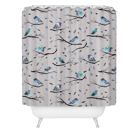 Ninola Design Birds Tree Snow Gray Shower Curtain