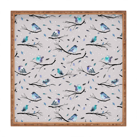 Ninola Design Birds Tree Snow Gray Square Tray