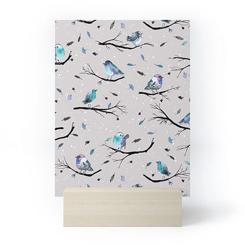 Ninola Design Birds Tree Snow Gray Mini Art Print