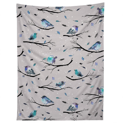 Ninola Design Birds Tree Snow Gray Tapestry