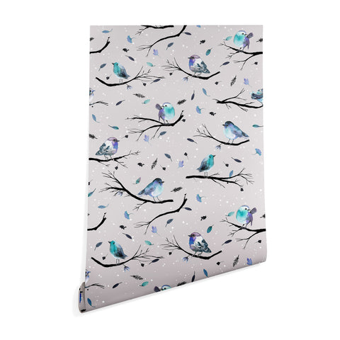 Ninola Design Birds Tree Snow Gray Wallpaper