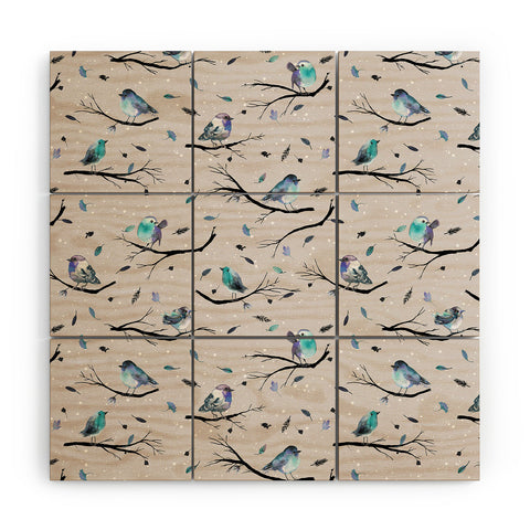Ninola Design Birds Tree Snow Gray Wood Wall Mural