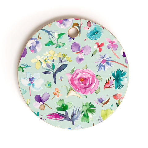 Ninola Design Blooming flowers spring Blue Cutting Board Round