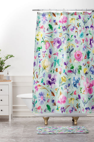 Ninola Design Blooming flowers spring Blue Shower Curtain And Mat