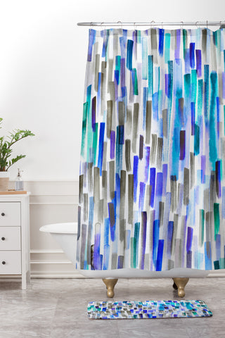Ninola Design Blue brushstrokes painting stripes Shower Curtain And Mat