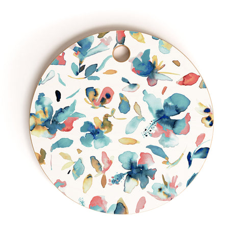 Ninola Design Blue Watercolor Hibiscus Floral Cutting Board Round