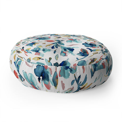 Ninola Design Blue Watercolor Hibiscus Floral Floor Pillow Round