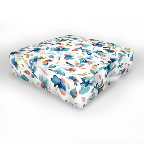 Ninola Design Blue Watercolor Hibiscus Floral Outdoor Floor Cushion