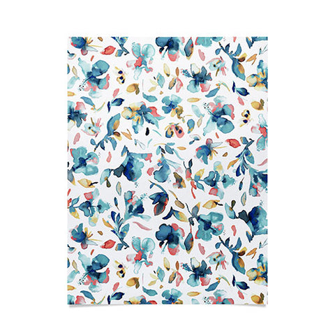Ninola Design Blue Watercolor Hibiscus Floral Poster