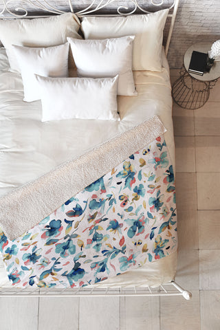 Ninola Design Blue Watercolor Hibiscus Floral Fleece Throw Blanket